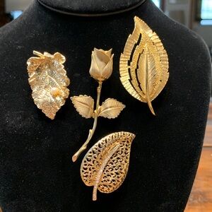 LOT OF 4 60’s GOLDEN LEAF BROOCHES AND ROSE BROOCH